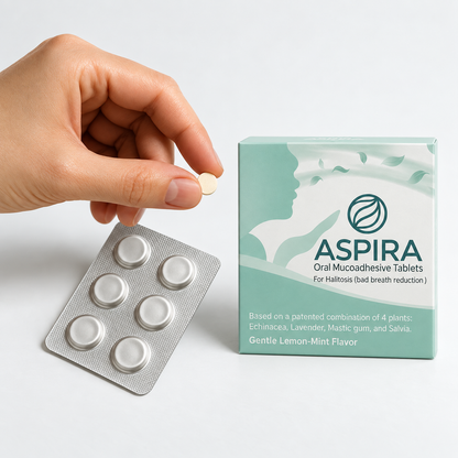 A hand holds a single tiny round tablet next to a blister pack of six tablets and the product box labeled ASPIRA Oral Mucoadhesive Tablets on a clean white background.